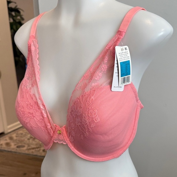 Natori 36DDD Cherry Blossom Peach Rose Pink Lace Plunge Bra - Picture 4 of 9